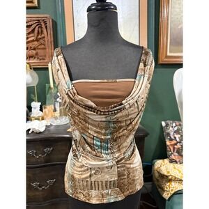 Marianne Vintage Abstract Geometric Cowl Neck Sleeveless Top Brown Teal Medium